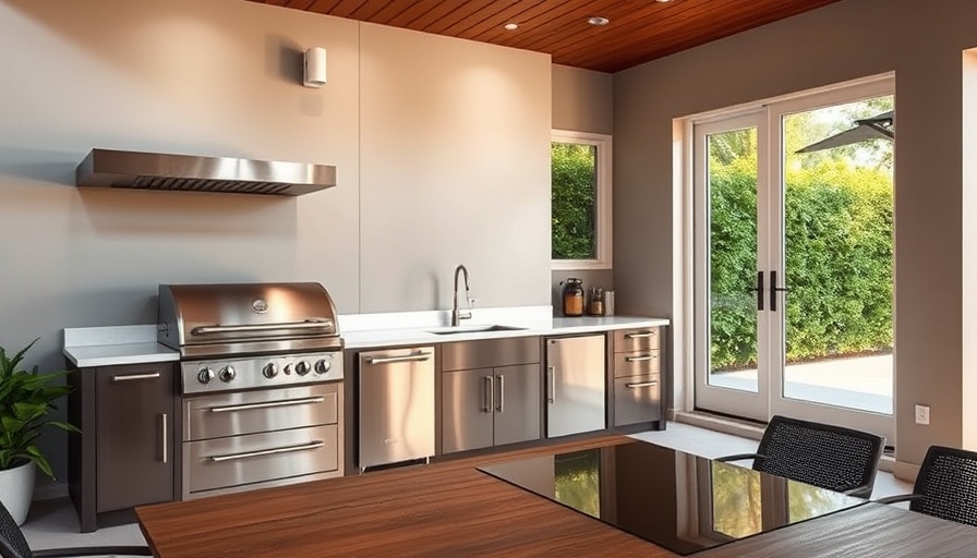 Modern outdoor kitchen design with appliances and dining area.