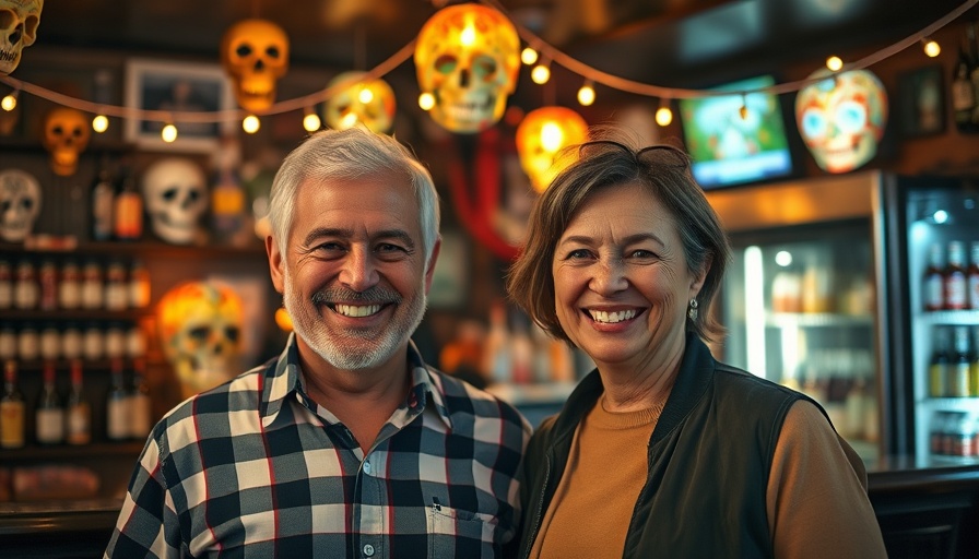 Friendly bar scene with smiling people, vibrant decor, and stocked shelves.