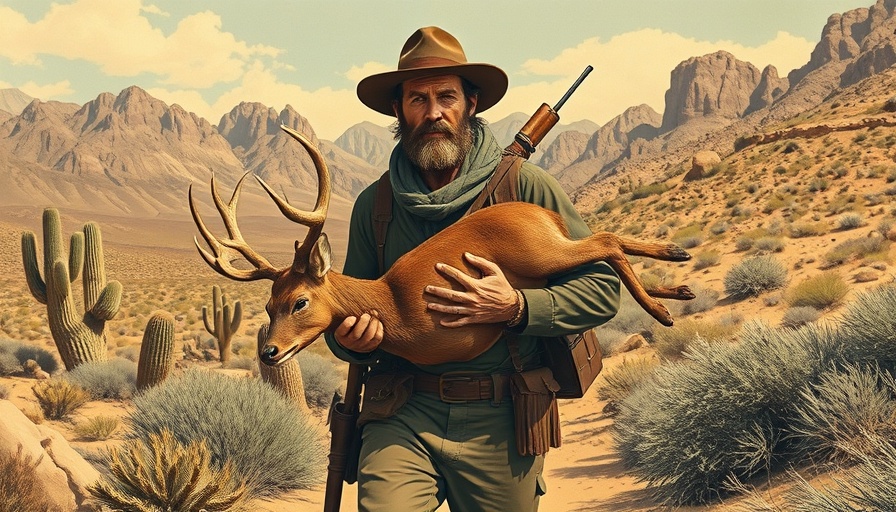 Heat stroke while hunting in the desert: hunter carrying a deer