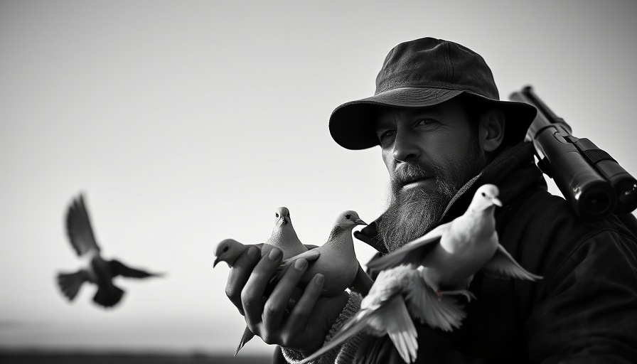 Monochrome image of hunter with doves and shotgun representing traditional hunting activities.