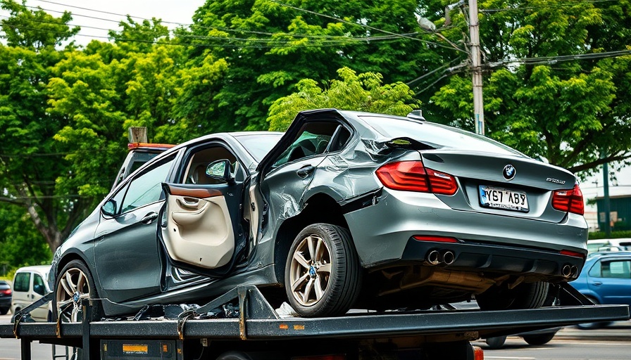 Crushed car on tow truck emphasizing vehicle theft community safety.