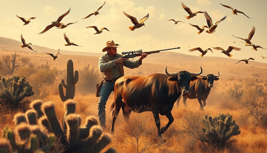 Illustration of hunters in Mexican desert, wildlife scene.