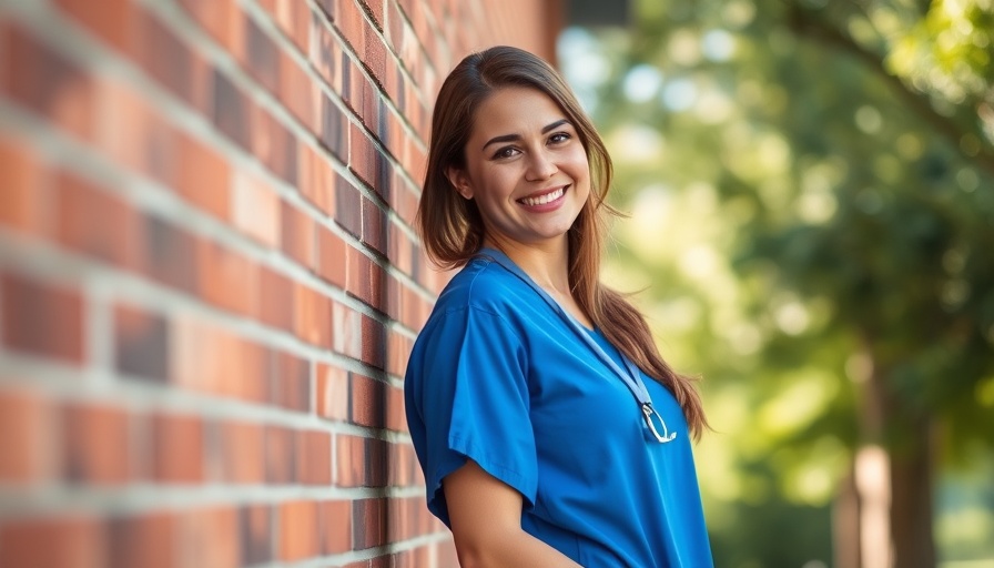 Woman in blue scrubs outdoors, smiling near brick wall, trees behind.