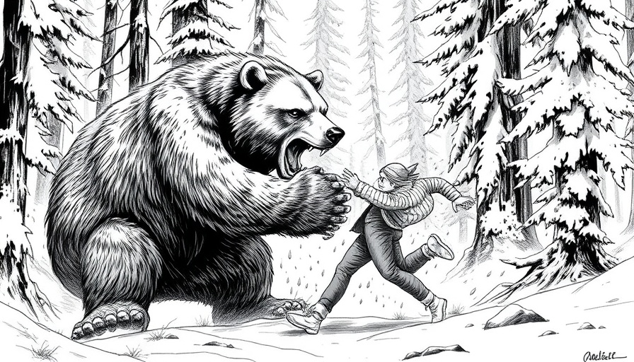 Dramatic bear attack illustration in snowy forest, health and wellness