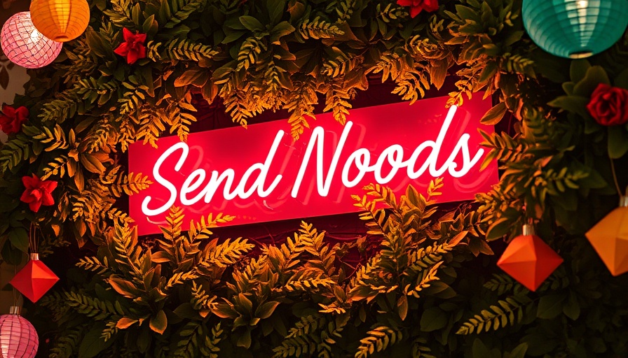 Neon sign with text surrounded by greenery and decorations.