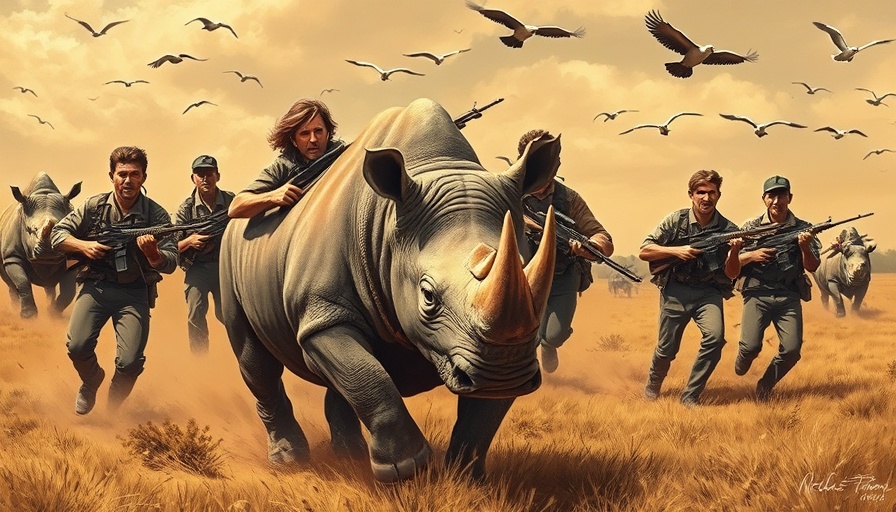 Dramatic scene of facing a charging rhino adventure with rifles.