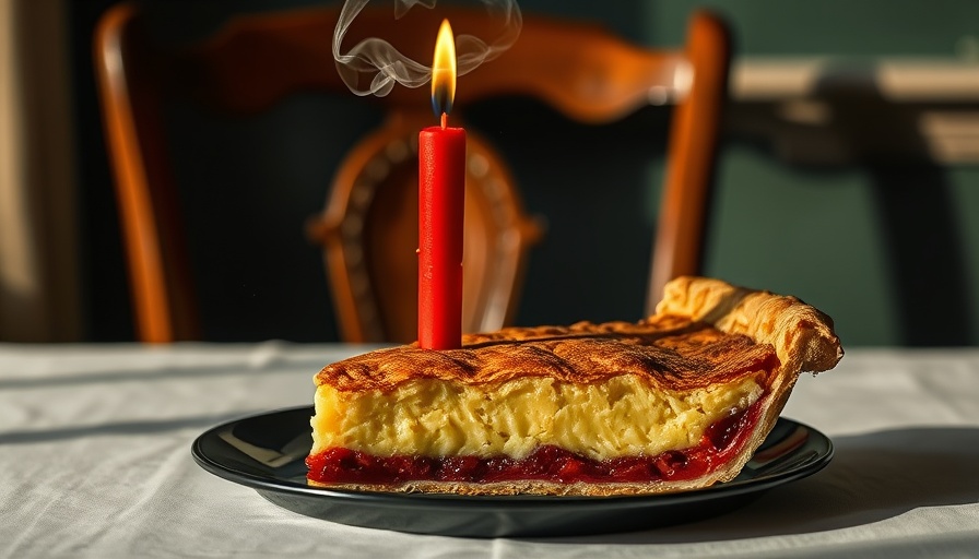 Celebration candle on a slice of pie, extinguished, in a rustic setting.