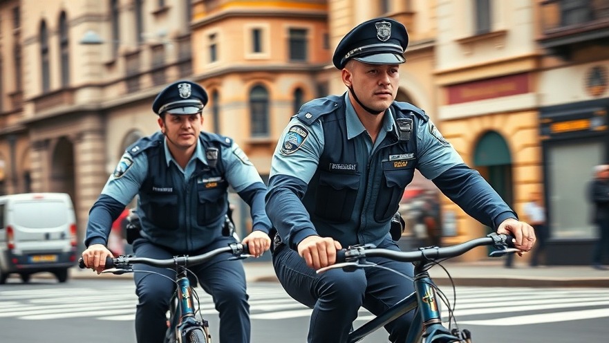 Two police officers on bicycles ensure public safety while engaging the community in vibrant city life.