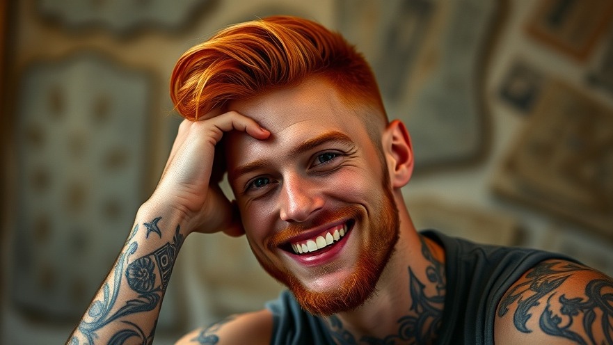 Smiling man with red hair and tattoos, embodying transformation and leadership indoors.