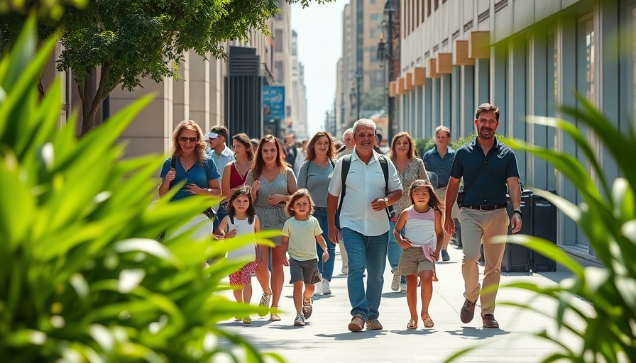 Diverse group on urban sidewalk, framed by greenery, Texas nonprofits assisting migrants.