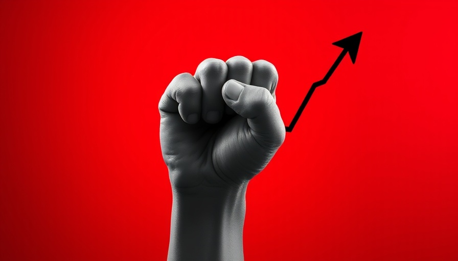Economic strength symbolized by fist gripping graph lines on red.