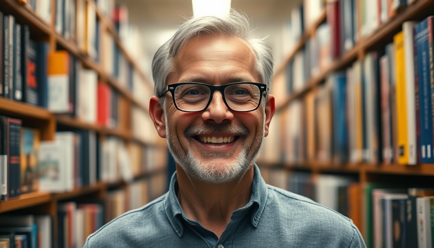 Mentorship's warm influence in writing, man in library smiling.