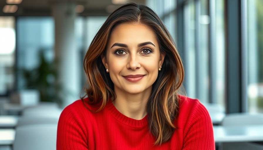 Confident woman in red sweater demonstrating meeting behaviors professionalism in a bright office.