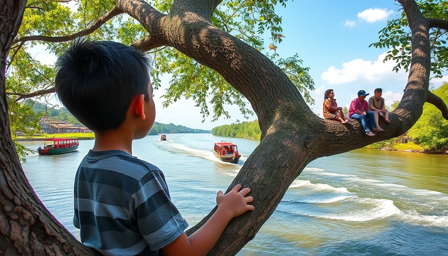 Boy watching activity on Texas border river, highlighting nature and film potential.