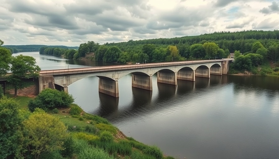 FM 787 bridge stretching over a river landscape under a cloudy sky.