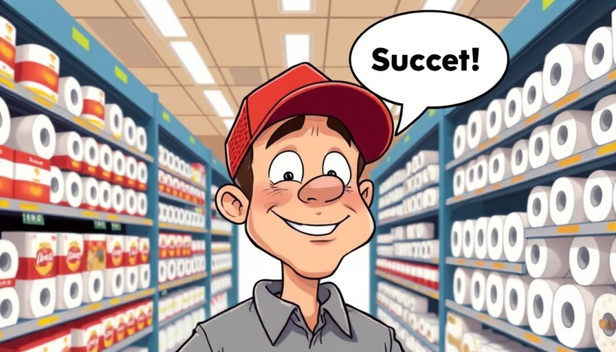 Humorous cartoon of a man on a grocery run for toilet paper.