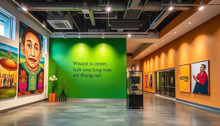 Interior of Mexican American Cultural Center El Paso with artwork and green wall.