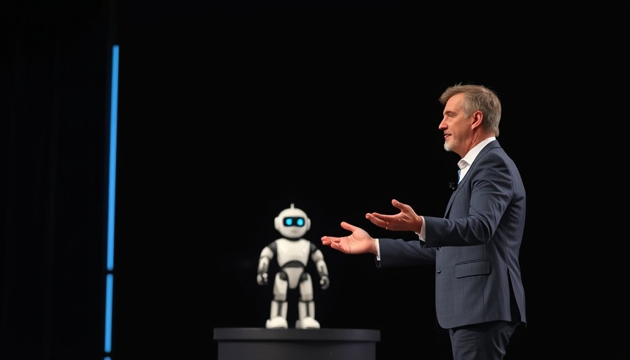 Presenter and robot on stage unveiling new robotics engine.