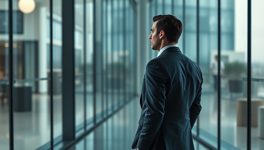 Contemplative man in office reflecting on corporate values and consumer trust.