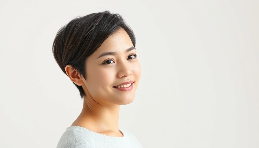 Young woman with short hair smiling softly in a neutral setting.