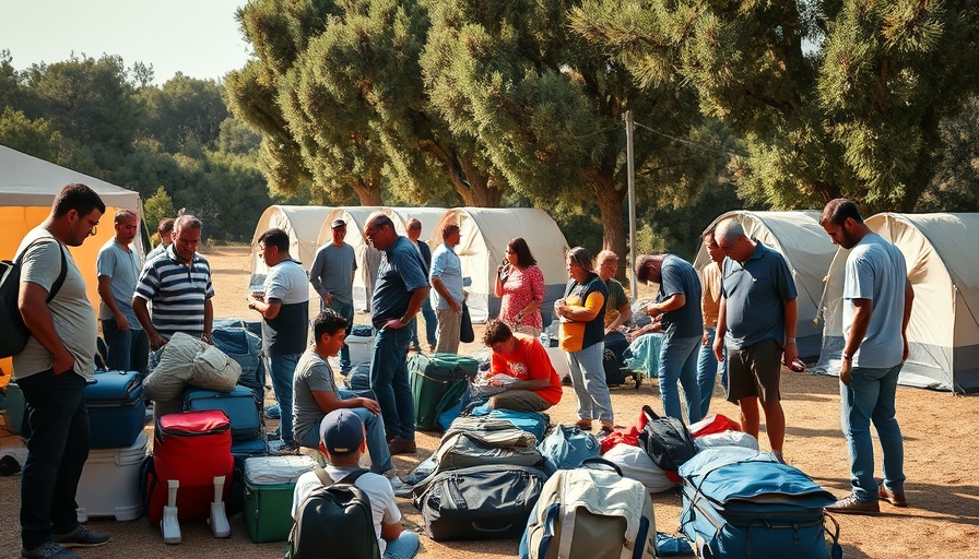 Migrant group outdoors in San Antonio organizing belongings in the sun.