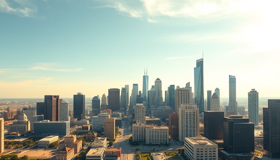 Cinematic photo of Houston's vibrant skyline, clear skies.
