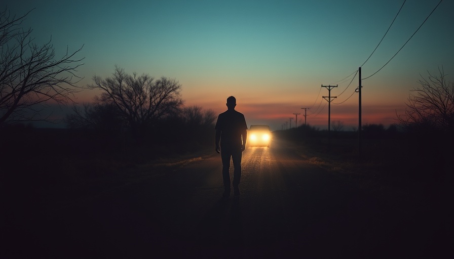Lone figure on Texas road at sunset, symbolizing isolation.