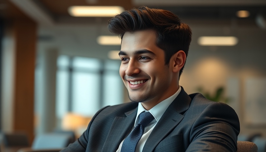 Confident young man in a suit, seated and smiling, formal setting.