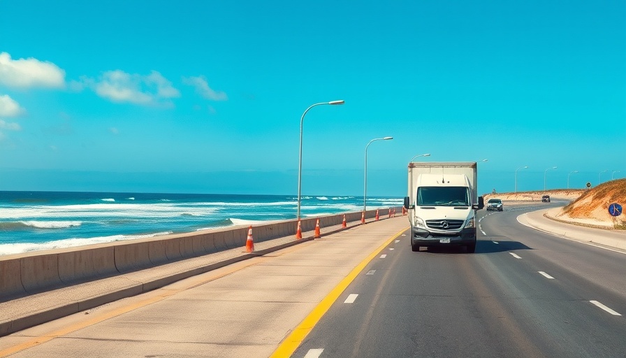 Hurricane evacuation route on Bolivar Peninsula with truck and barriers.