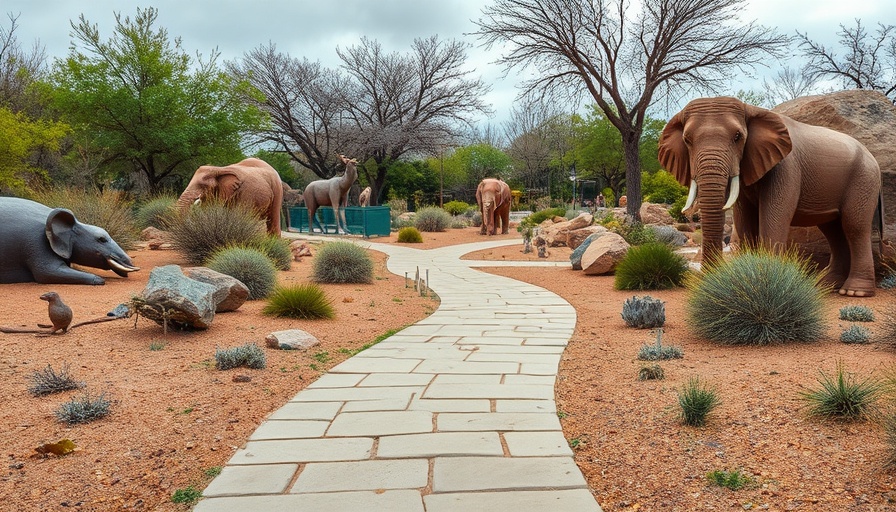 El Paso Zoo rocky path and sculptures surrounded by desert plants.