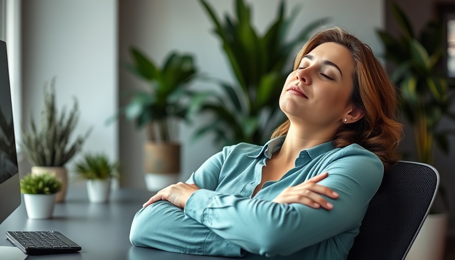 Calm woman taking a strategic pause for productivity in a teal-tinted office.