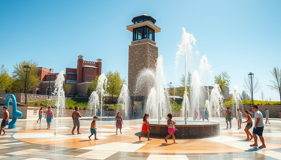 San Antonio News: Children enjoying a splash pad near a light tower.