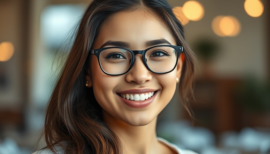 Confident young woman with glasses smiling, related to Employee Poaching Ethics.