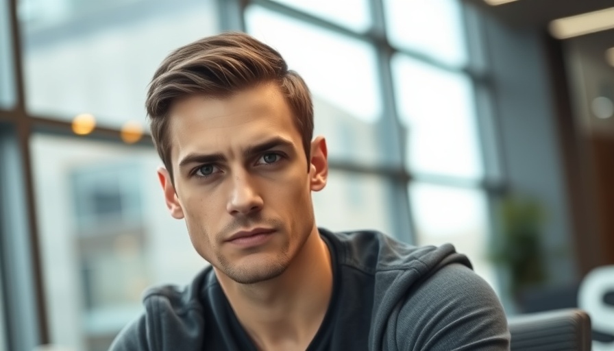 Young man in office setting, calm expression, AI data centers