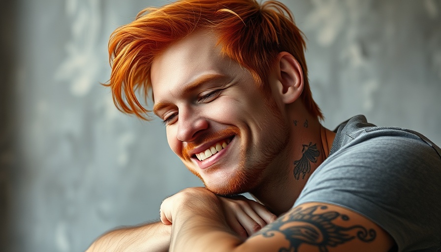 Man with vibrant red hair smiling indoors, detailed tattoo visible.