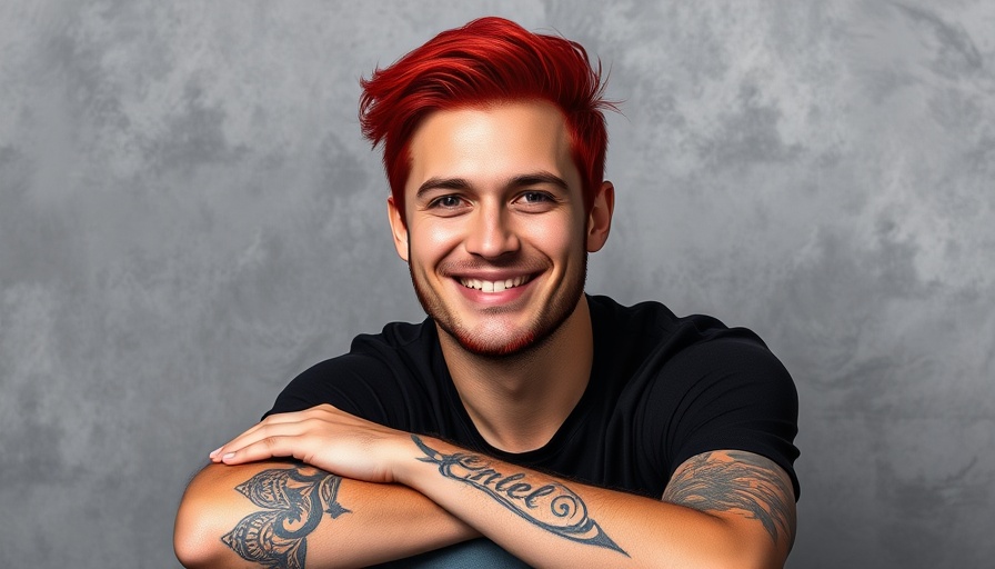 Relaxed red-haired person with tattoo sitting confidently in a studio.