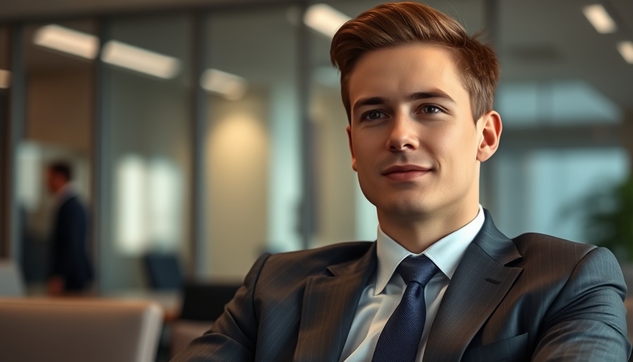 Young man in suit sitting confidently, strategic internal communication setting.