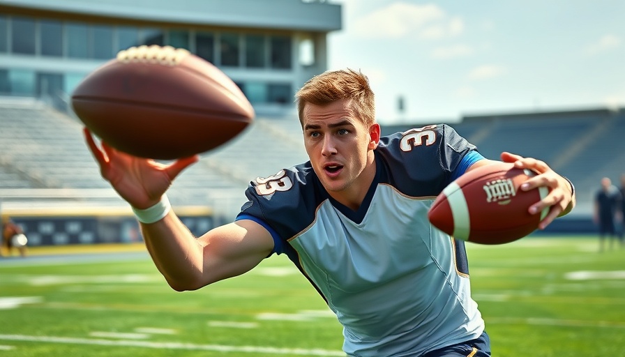 Football player in action catching a ball during event on turf field.