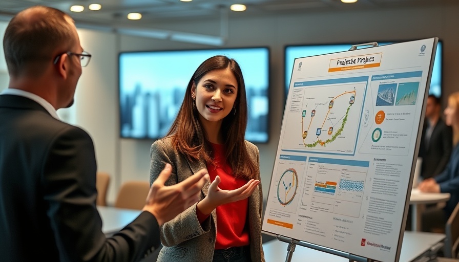 Young woman presenting project in modern conference room.