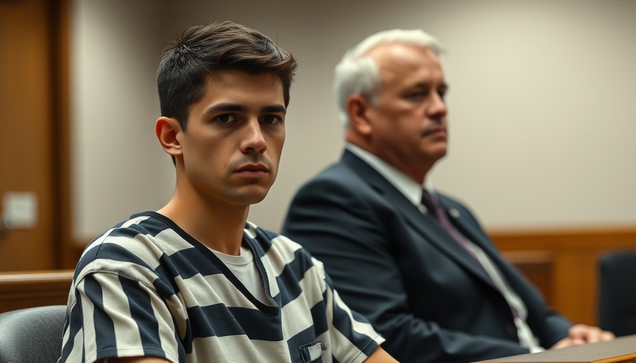 Courtroom scene with young man in prison jumpsuit during sentencing.