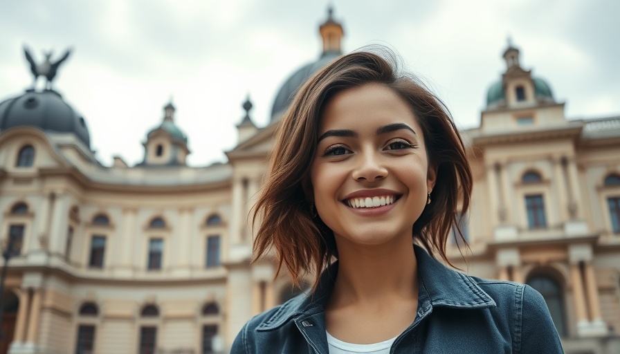 Young woman smiling confidently in front of architecture, symbolizing AI CEO leadership