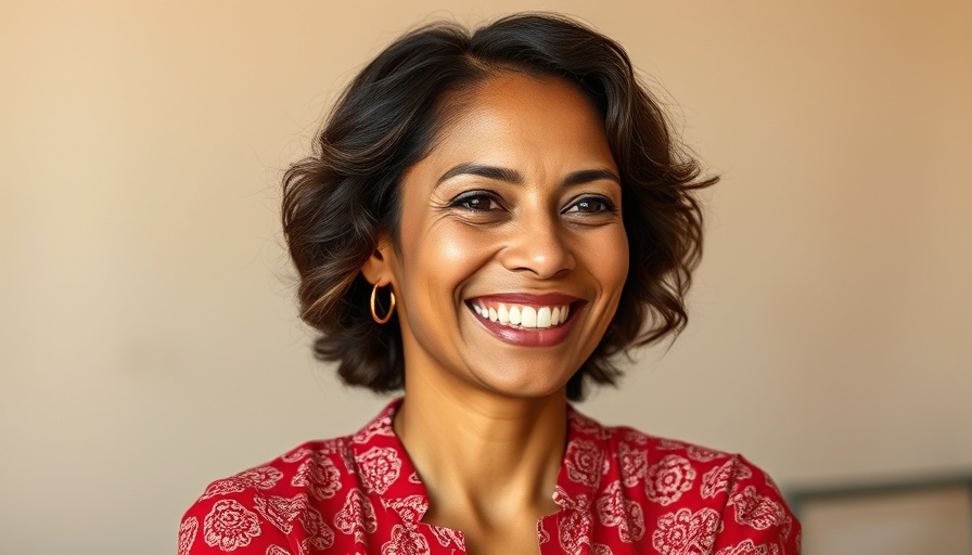 Portrait of smiling woman in a red blouse.