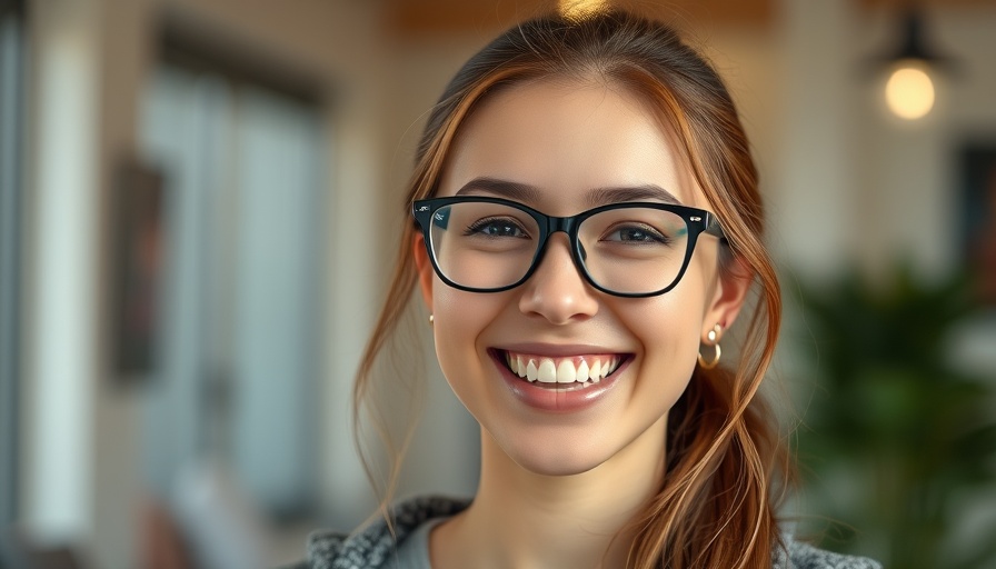 Cheerful young woman smiling indoors, impact of tariffs on small businesses.