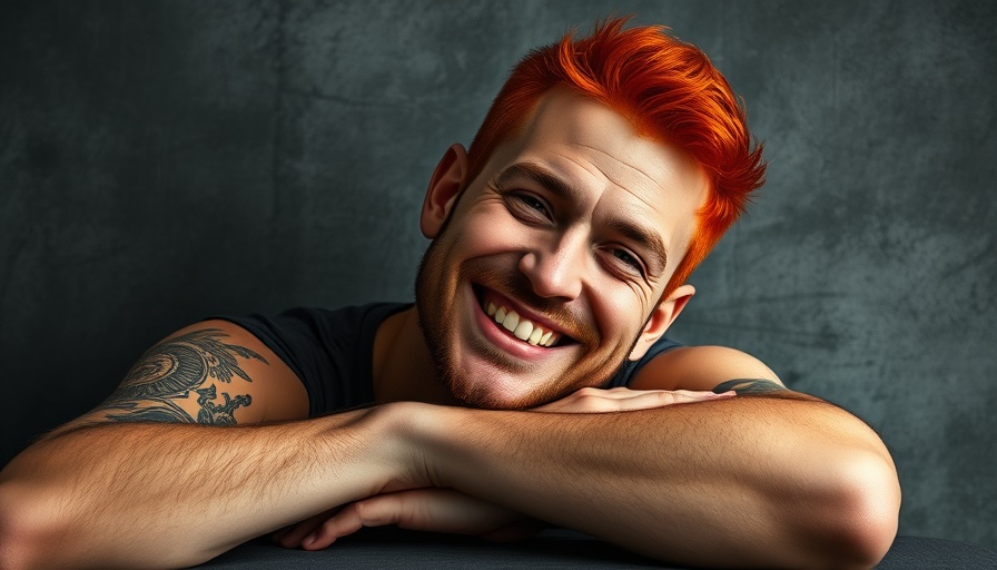 Smiling man with red hair and tattoos, photorealistic.
