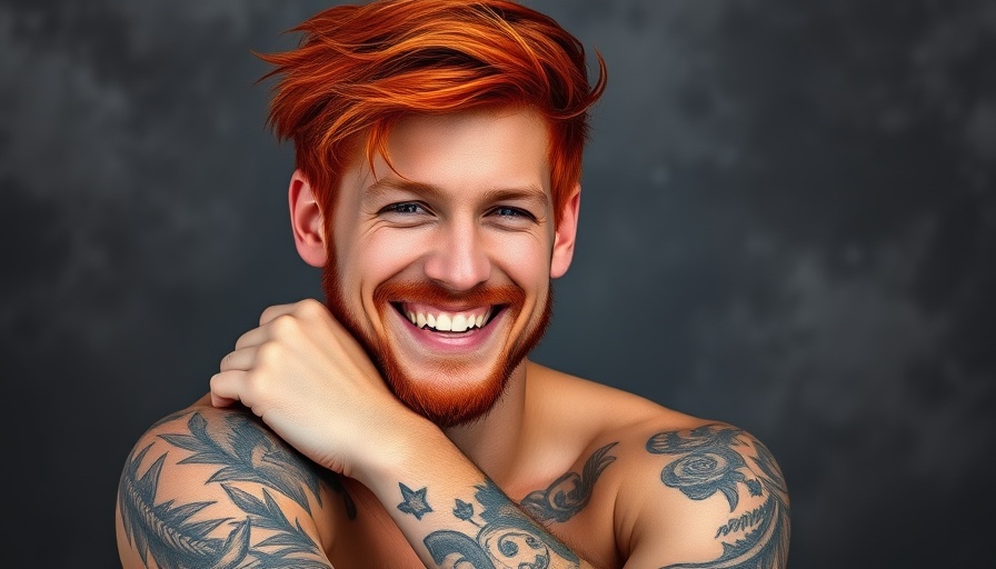 Vibrant red-haired man smiling, resting head on hand, textured background.
