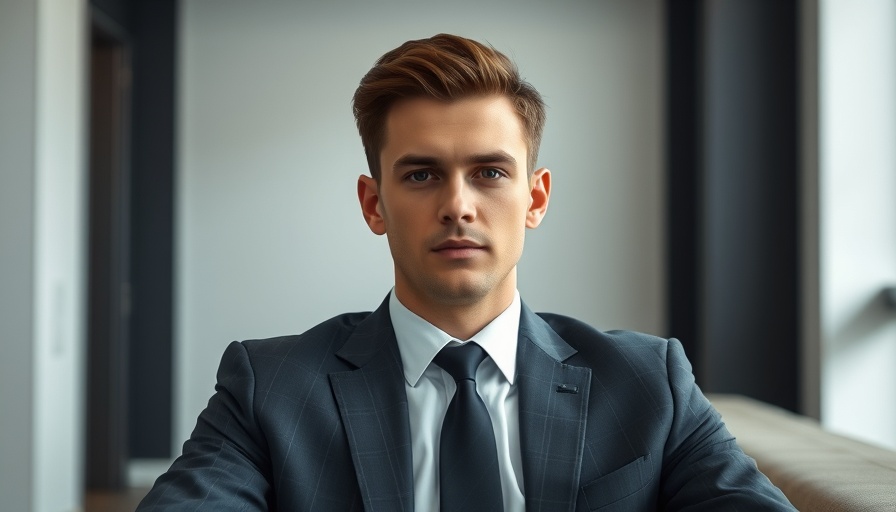 Young man in a suit discussing business strategies, formal setting.