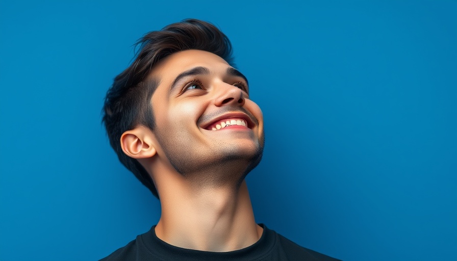Smiling young man against textured blue background, Rivian AI advancements.