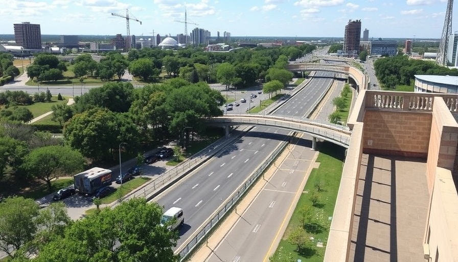 Halperin Park in Dallas shows off views from second story walkway above Interstate 35