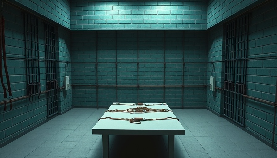 Texas News: Execution chamber bed with restraints, teal walls.