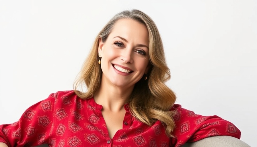 Confident woman smiling, relaxed in a red blouse. Action Beats Perfection.